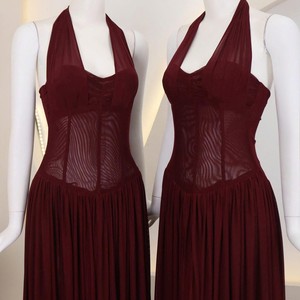 Robe longue trapèze élégante rouge bordeaux respirante style vintage, sans manches, avec panneau transparent en organza brodé – Vente en gros usine - Product Image 1