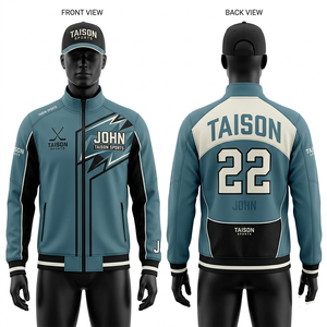 Men Ice Hockey Training <b>Jacket</b> 300 GSM Premium Polyester Fleece Soft Breathable Blue <b>Grey</b> Contrast Paneling Heat Transfer Custom - Product Image 3