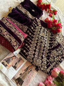 Semi-cosido elegante Salwar Kameez bordado codificación trabajo Jacquard Bottoms tamaño completo terciopelo Dupatta invierno colección - Product Image 6