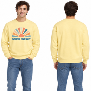 OEM Custom Light Yellow Fleece <b>Sweatshirt</b> Vintage Sun Rays Screen Print Good Energy <b>Slogan</b> Men Casual <b>Sweatshirt</b> - Product Image 4