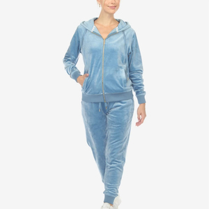 Winter Sky Blue Hooded Casual Eco-Friendly <b>Velvet</b> Two Piece Women's Sweatsuit Tracksuit Breathable High Quality - Product Image 3