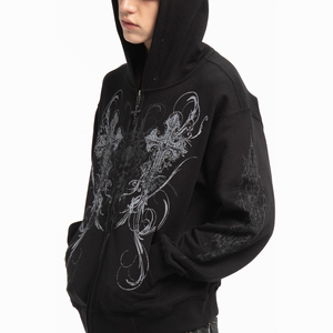 Sudadera con capucha oversize de moda urbana para hombre, con lavado ácido, efecto desgastado, pedrería y estilo vintage, con cremallera. Proveedor mayorista de sudaderas unisex. - Product Image 3