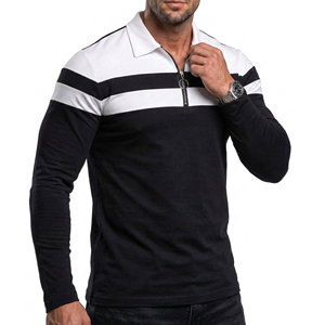 Polo de golf personalizable para hombre con cremallera de un cuarto, manga larga, de algodón tejido, con bloques de color, corte ajustado, venta al por mayor, OEM - Product Image 1