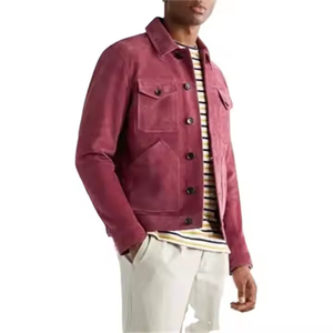 <b>Men's</b> Burgundy Suede <b>Leather</b> Jacket Turn Down Collar Button Up Casual <b>Coats</b> - Product Image 1