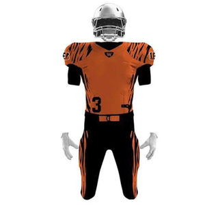Ensemble Maillot et Pantalon de Football Américain Personnalisé pour Homme – Orange et Noir Rayé, Sublimé, Col en V, Manches Courtes, Coupe Ajustée, Anti-Transpiration - Product Image 5