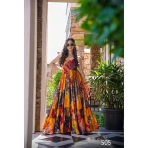 New Trading <b>Women</b> Rose Flower Digital Printed Dark Color Sleeveless Floor Length Multi Tier Long Heavy Rayon OMLY <b>KURTIS</b> Gowns - Product Image 3