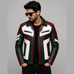 Customized Men's Bomber Leather Jacket with <b>Stand</b> Collar and Front Logo Canvas Fabric <b>Motor</b> <b>Bike</b> Style - Product Image 1