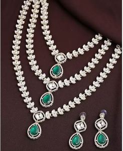 Classic Blue Zinc Plated Layered Long Necklace Earring & Headpiece Set Imitation Pearl Pear Cut Stones for Women Wedding Jewelry - Product Image 1