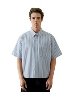 Camisa de hombre personalizable 100% algodón, abotonada, azul, de corte holgado y corto, antiarrugas, transpirable, a rayas, tallas grandes, para primavera, Vietnam - Product Image 1