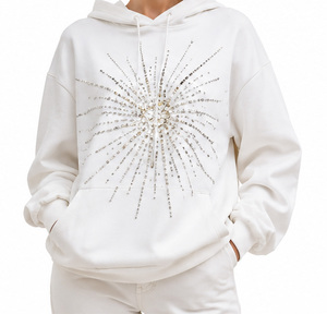 Sweat-shirt à capuche oversize blanc pour femme avec imprimé géométrique à paillettes, manches longues, en coton tricoté, pour l'automne - Product Image 1