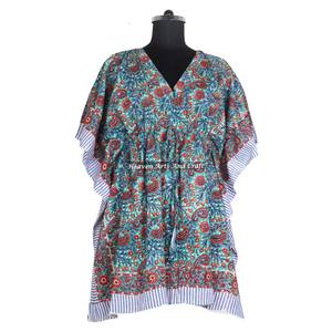 100% Cotton Best Premium Quality Hand Block Print Soft Kaftan KFCS009 Light Weight Women Casual Occasion Wear Short Caftan Dress - Product Image 3
