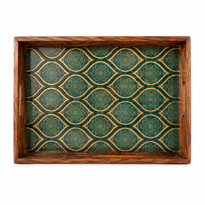 Plateau de service rectangulaire en bois et émail fait main de qualité supérieure, motif décoratif vert, plateau en bois pour le petit-déjeuner et le café - Product Image 1