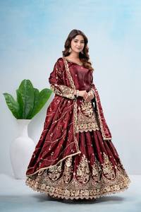 Conjunto de Shalwar Kameez Pakistaní de Seda Bordada Verde, con Mangas Largas, Lehenga y Dupatta, para Fiestas o Uso Casual, Largo hasta la Rodilla - Product Image 5