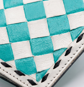 Sky Blue & White Diamond Lattice Geometric Pattern Genuine Leather <b>Long</b> <b>Wallet</b> Handmade Hollow Out Design Fold Closure Daily Use - Product Image 3