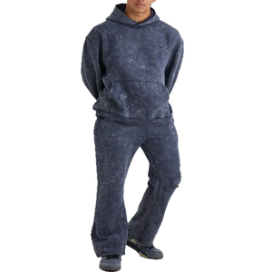 Men Heavyweight 100% Cotton Acid Wash Fleece Tracksuit Hooded Sweatshirt Full Length Jogger Pants Casual Streetwear Winter Set - Product Image 1