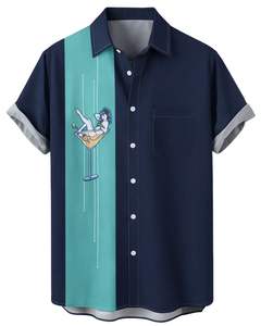 Chemise à manches courtes boutonnée à imprimé graphique bleu marine et vert sarcelle, style décontracté d'été pour la plage, fabrication OEM personnalisée en gros pour hommes - Product Image 1