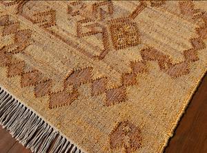 Alfombra de Yute Geométrica, Rectangular, Tejido Plano, Ecológica, Delgada, para Sala de Estar, Tono Beige Natural, con Borde de Flecos - Product Image 6