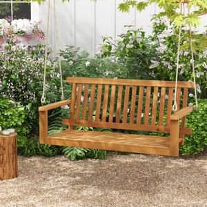 2 Seat Acacia <b>Wood</b> Porch <b>Swing</b> <b>Bench</b> with 2 Hanging Hemp Ropes for Patios - Product Image 3