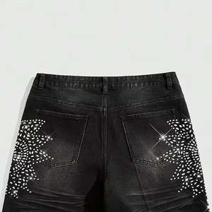 Shorts en jean sur mesure pour homme, style décontracté, braguette boutonnée, ourlet brut, tissu 100% coton, strass, anti-plis, séchage rapide, écologique - Product Image 5