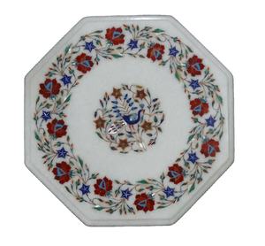 Plateau de table basse en marbre blanc avec incrustation florale, fait main, Pietra Dura, meuble de salon durable - Product Image 3