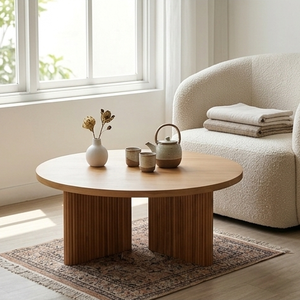 Table basse moderne ronde en teck massif avec base cannelée, fabriquée à la main, écologique, pour le salon. - Product Image 6