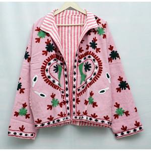 Chaqueta Varsity Rosa para Mujer, Cuello Mao, Bordado Floral Hecho a Mano, Algodón Ecológico, Secado Rápido, Transpirable, Manga Larga - Product Image 2