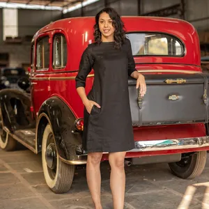 Vestido Mini de Lino y Algodón Estilo Bohemio para Mujer, Cuello Redondo, Manga 3/4, Holgado, Cómodo, Vestido Maxi de Verano - Product Image 1