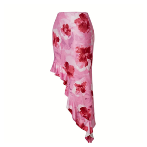 Jupe longue asymétrique pour femmes, taille haute, à volants, fluide, décontractée, mode estivale - Product Image 1