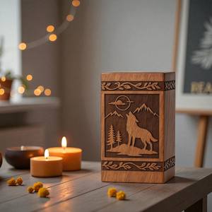 Urna Funeraria de Madera de Palisandro con Grabado de Lobo, Hecha a Mano, para Cenizas Humanas, Tamaño Mediano 9x5.5 Pulgadas - Product Image 4