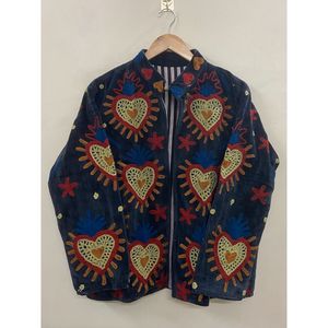 Hand Embroidered Knitted <b>Velvet</b> Cotton Jacket <b>Women</b> Full Sleeve Winter Bohemian Heart Pattern Open Front <b>Coat</b> - Product Image 1
