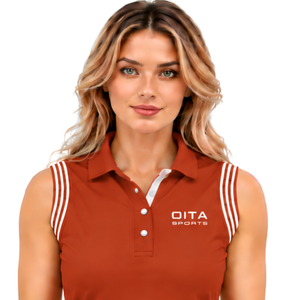 Polo sans manches orange rouille pour femme, coupe ajustée, col à patch, pour l'équitation et l'entraînement, personnalisable, vente en gros - Product Image 3