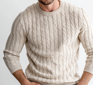 Suéter de Lana para Hombre, Color Crema, Tejido de Cable, Manga Larga, Color Sólido, Invierno, Corte Regular, Tejido Grueso 2027 - Product Image 6