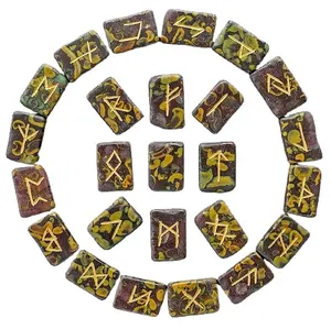 Picasso Jasper Gemstone Rune Stone Set con borsa in velluto divinazione Set Wicca pagana purificata: Set di Rune in pietra incisa all'ingrosso