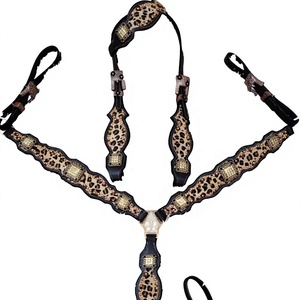 Ensemble d'attelage pour cheval en cuir de vachette léopard, têtière et plastron en cuir véritable, léger, saisonnier, prêt à être expédié, en stock - Product Image 1