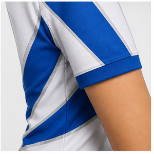 เสื้อโปโลผู้หญิงสีขาวลายรัศมีสีน้ำเงินรอยัล พิมพ์ลายแบบกำหนดเอง แห้งเร็ว ระบายอากาศได้ดี แขนสั้น ชุดยูนิฟอร์มทีมกอล์ฟ WPS-0813 - Product Image 5