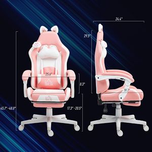 Sedia da gaming regolabile in altezza con poggiapiedi girevole, poggiatesta e supporto lombare in similpelle rosa - Product Image 3