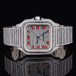 Reloj Cuadrado de Lujo Estilo Hip Hop, Analógico, Completamente Cubierto de Diamantes Moissanite, Acero Inoxidable, con Esfera Numérica Roja, Diseño Elegante y Vintage - Product Image 1