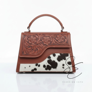 Bolso de mano de cuero genuino con grabado occidental para mujer, bandolera de piel de vaca Hairon, cartera de cuero floral hecha a mano con asa superior - Product Image 1