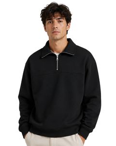 Sweat-shirt à col zippé oversize noir pour homme, en molleton à manches longues, style streetwear décontracté, en coton épais personnalisé - Product Image 1