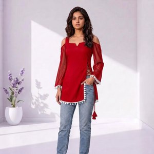 Premium Soft Georgette Off Shoulder Short Kurti With Pompom <b>Lace</b> Tassel Tie <b>Rope</b> Straight Cut Casual Party Wear Top - Product Image 5