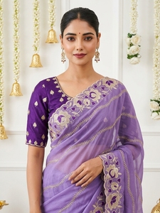 Blusa de Sari de Seda Bordada en Morado, Tradicional India y Pakistaní, para Mujer, Larga hasta el Suelo, Corte Regular, Sin Arrugas, Protección Solar - Product Image 3