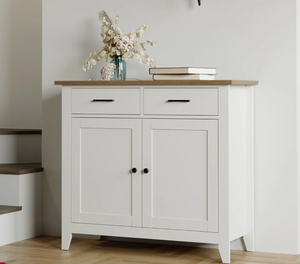 Elegante Gabinete de Almacenamiento de Madera Blanca con Puertas de Madera Sólida, Base de Metal Dorado, Diseño Moderno, Construcción Duradera, Ideal para Sala de Estar - Product Image 1