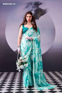 Magnifique ensemble de sari en soie satinée de qualité supérieure avec imprimé floral et bordure en dentelle perlée - Collection de chemisiers Banglory - Fournisseur indien - Product Image 4