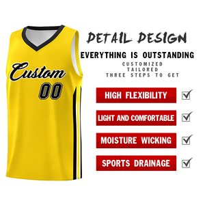 Conjunto de Uniforme de Baloncesto Sublimado Personalizado, Amarillo y Negro, Cuello en V, Sin Mangas, Absorbente de Humedad, Unisex, para Adultos, con Impresión de Números de Equipo - Product Image 3
