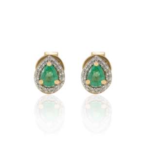 18K Gold Pear Cut <b>Emerald</b> Halo <b>Stud</b> <b>Earrings</b> with Diamond and Pearl Accents - Product Image 3