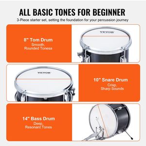 Set di batteria per bambini principianti in 3 pezzi 14 ''Bass 10'' rullante 8 ''Tom regolabile trono pedali due paia di bacchette Starter Kit per - Product Image 3