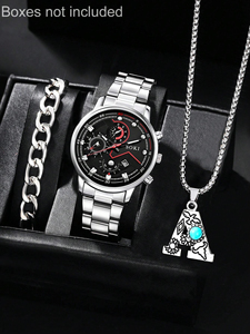 Reloj de pulsera para hombre 192060 de acero inoxidable con calendario y cuarzo, y juego de joyería de collar y pulsera con detalles de letras (2 piezas) - Product Image 2