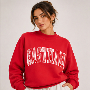 Sweat-shirt oversize crème à col rond avec appliqué gingham SLC et motif lettres sur le devant, manches classiques, pull unisexe, style automne - Product Image 3