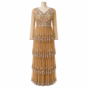Luxury Beige Floral Embroidered Maxi Dress Women V Neck Long Sleeve Tiered Tulle Gown Beaded Wedding Party Formal Bridal Evening - Product Image 1