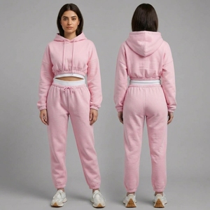 Women <b>Cropped</b> Hoodie <b>Jogger</b> 2 Piece Tracksuit Set Sweatshirt Sweatpants Casual Sportswear Fleece Outfit Wholesale OEM Custom - Product Image 4